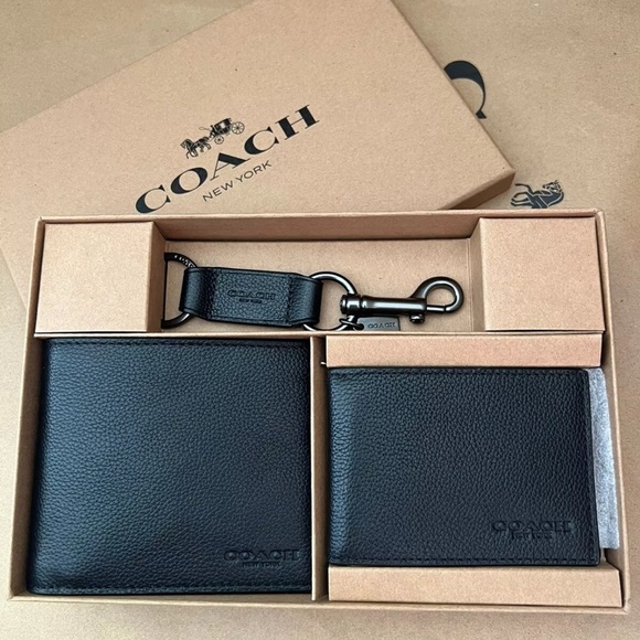 NWT Coach Men’s Boxed 3 In 1 Wallet Gift Set Box Pebble Black Leather - Picture 1 of 10